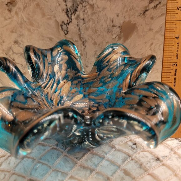 VINTAGE VENETIAN MURANO ART GLASS BOWL BLUE TURQUOISE GOLD SWIRL BUBBLES LEAF - Picture 8 of 9